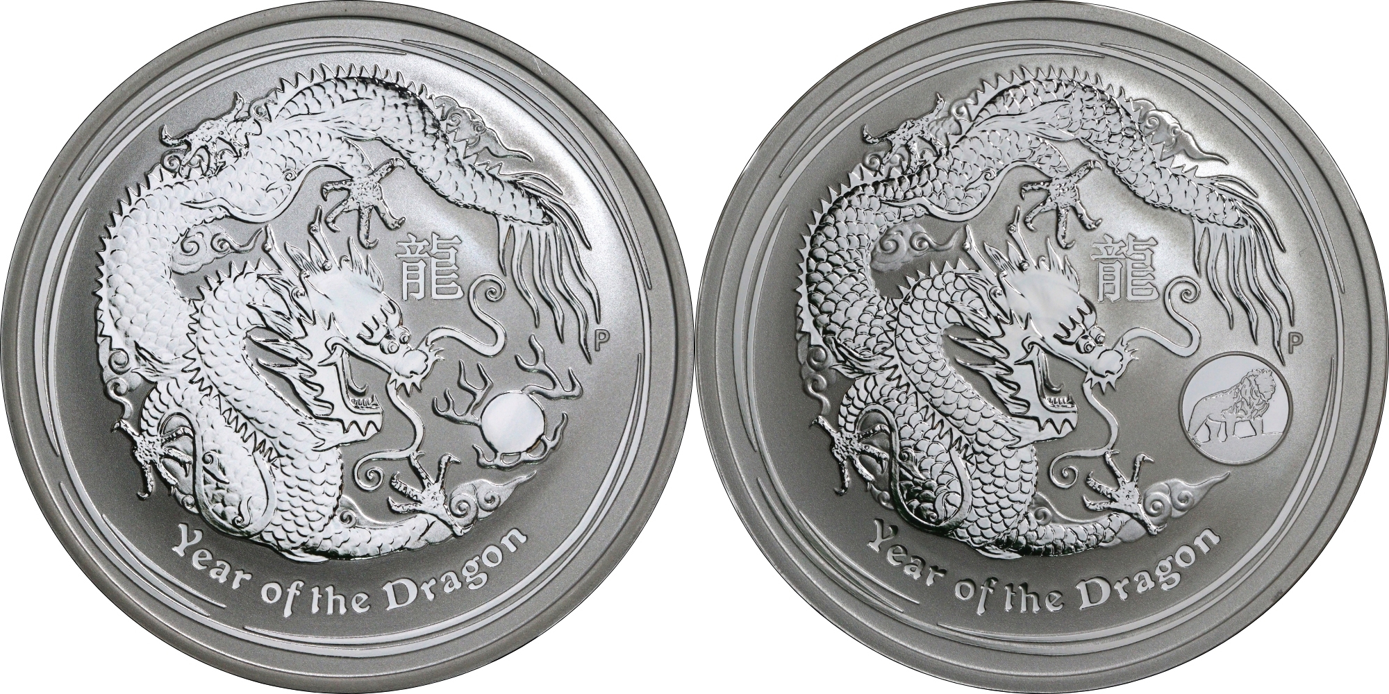 Die Perth Mint aus Australien hat in der Vergangenheit neben der Normalprägung ihrer Lunar-Münzen (links) auch Varianten mit „Privy Marks“ (hier ein Löwe auf einer Münze zum Jahr des Drachen) ausgegeben.